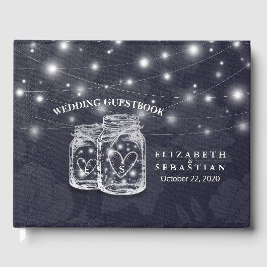 Weddenschap Guestbook Mason Jar String Light Navy Gastenboek (Voorkant)