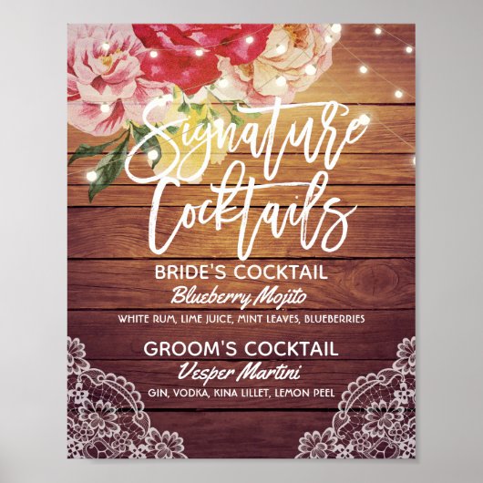 Weddenschap Handtekening Drink menu Hout Floral Poster (Voorkant)