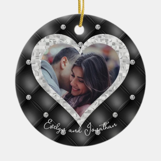 Weddenschap Hart Aangepaste foto Black & Silver Di Keramisch Ornament (Voorkant)
