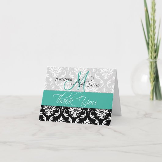 Weddenschap Hartelijk dank Damask Monogram Turquoi Bedankkaart (Voorkant)