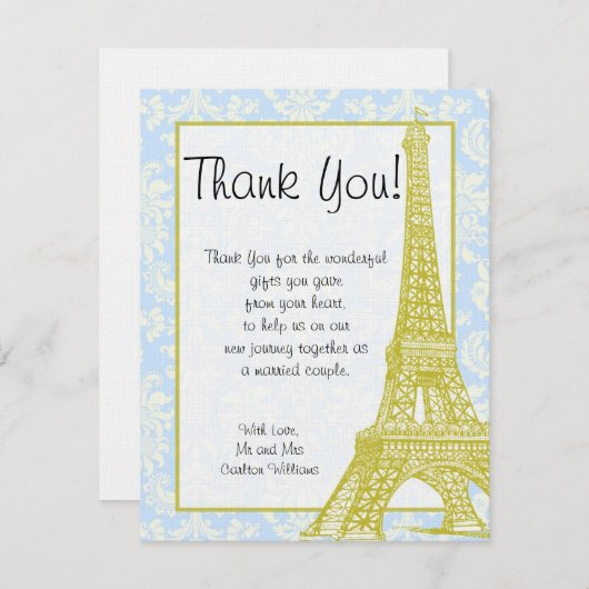 Weddenschap in Paris Blue Damask Flat Hartelijk da Bedankkaart (Voorkant / Achterkant)