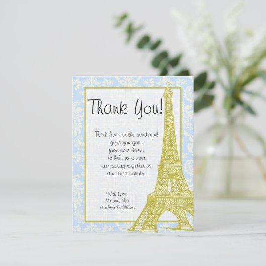 Weddenschap in Paris Blue Damask Flat Hartelijk da Bedankkaart (Staand voorkant)