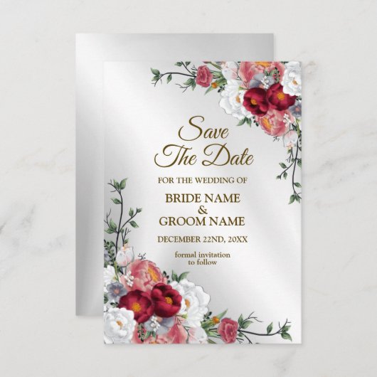 Weddenschap Kleurig Rood Witte Floral Silver Elega Save The Date (Voorkant / Achterkant)