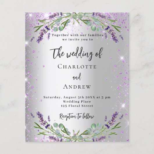 Weddenschap lavender Silforal budget uitnodiging (Voorkant)