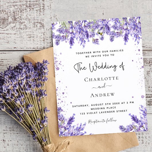 Weddenschap lavender violet florale glitter-uitnod briefkaart