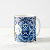 Weddenschap Lemons Blue White Tile Summer Monogram Koffiemok (Voorkant rechts)