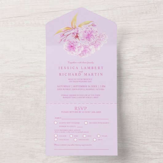 Weddenschap lila bloesem waterverf fotomaaltijd RS All In One Uitnodiging (Binnen)