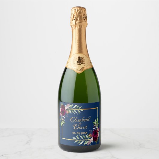 Weddenschap marineblauw floral sparkling wijnetiket (Voorkant)