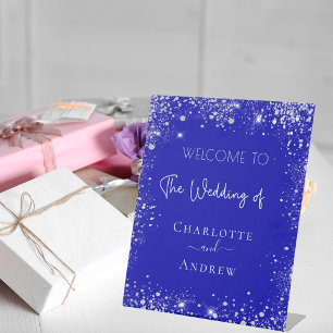 Weddenschap met blauwe zilverglitter reclamebord met voetstuk