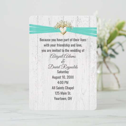Weddenschap met Turquoise Ribbon op hout Kaart (Staand voorkant)