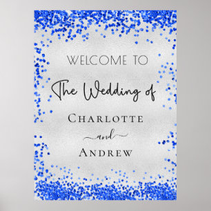 Weddenschap met zilverroyal blue confetti Welkom Poster
