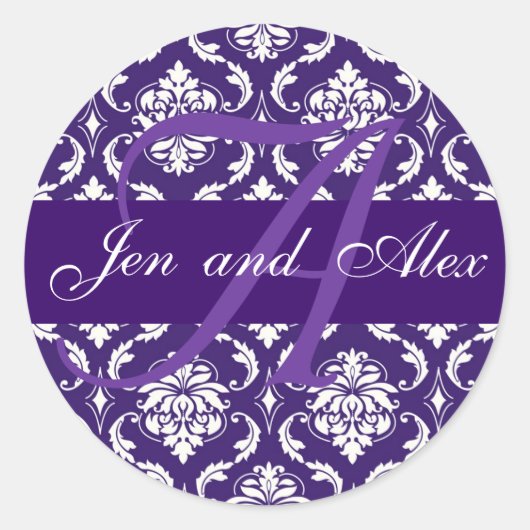 Weddenschap Monogram A Paarse Damask Sticker (Voorkant)