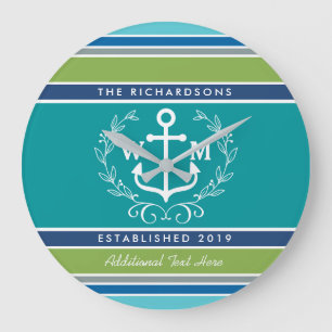Weddenschap Monogram Anchor Laurel Wreath Aqua Str Grote Klok