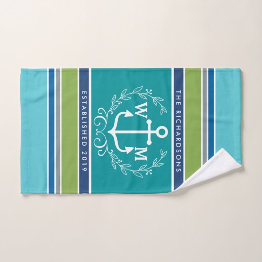 Weddenschap Monogram Anchor Laurel Wreath Aqua Str Handdoeken (Handdoek)