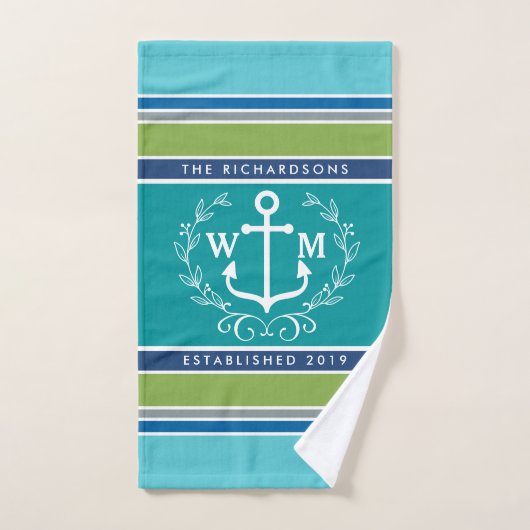 Weddenschap Monogram Anchor Laurel Wreath Aqua Str Handdoeken (Handdoek)
