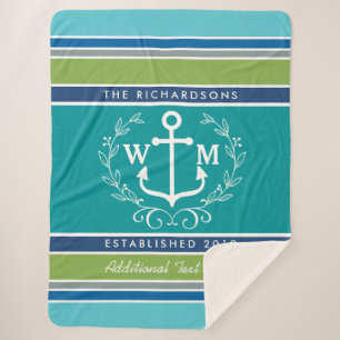 Weddenschap Monogram Anchor Laurel Wreath Aqua Str Sherpa Deken