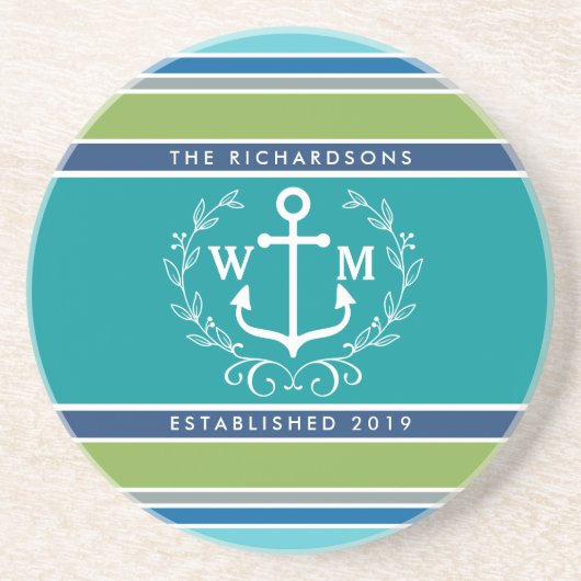 Weddenschap Monogram Anchor Laurel Wreath Aqua Str Zandsteen Onderzetter (Voorkant)
