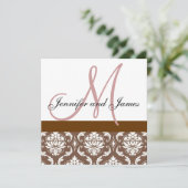 Weddenschap Monogram Bruin Roze Damask Kaart (Staand voorkant)