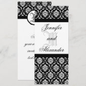 Weddenschap Monogram zwart en White Damask Invitat Kaart (Voorkant / Achterkant)