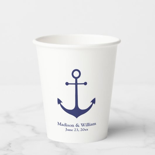 Weddenschap-nautische marineblauw-witte-ankernaamd papieren bekers (Voorkant)
