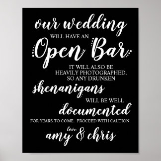 Weddenschap Open Bar Funny Drunken Shenanigans Sig Poster