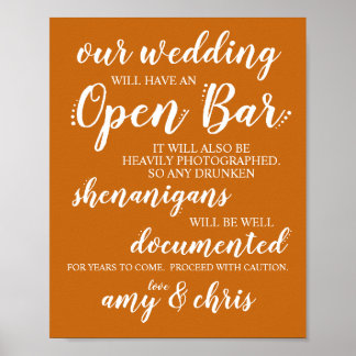 Weddenschap Open Bar Funny Drunken Shenanigans Sig Poster
