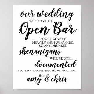 Weddenschap Open Bar Funny Drunken Shenanigans Sig Poster