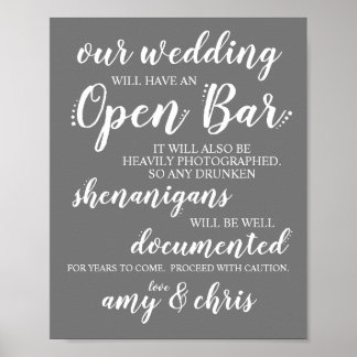 Weddenschap Open Bar Funny Drunken Shenanigans Sig Poster