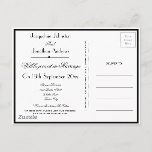 Weddenschap Opslaan Datum B & W Elegant Chic Uitnodiging Briefkaart (Achterkant)