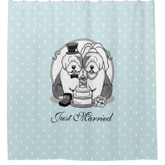 Weddenschap Oude Engelse Sheepdogs Bride Groom Gra Douchegordijn (Voorkant)