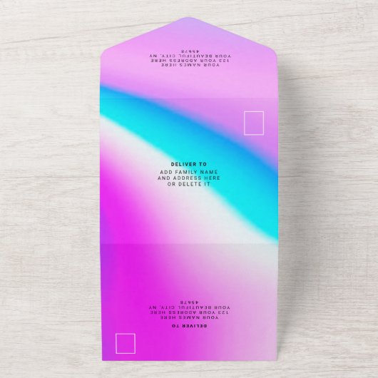 Weddenschap Paarse holografische moderne legant All In One Uitnodiging (Buitenkant)