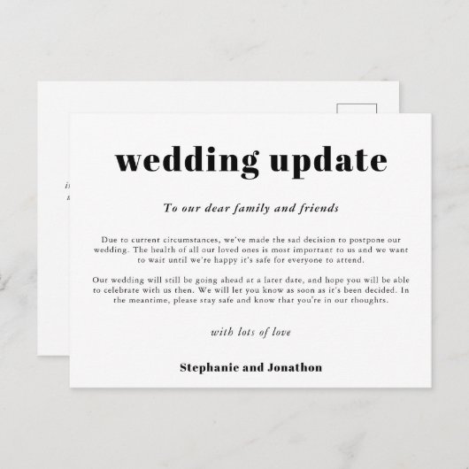 Weddenschap Postpone Update Typografische Black Wh Aankondigingskaart (Voorkant / Achterkant)