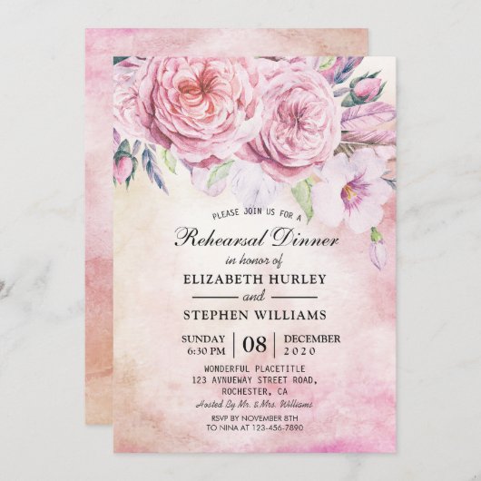 Weddenschap-repetitie Dinner Elegant Waterverf Flo Kaart (Voorkant / Achterkant)