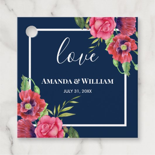 Weddenschap Rood en Roze Bloemen Donkere marine Bedankjes Labels (Voorkant)