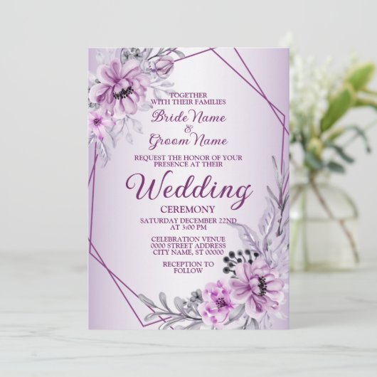 Weddenschap Roze Floral Violet Paars Lijst Kaart (Staand voorkant)