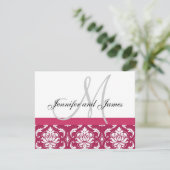 Weddenschap RSVP Card Hot Pink Damask Monogram & N (Staand voorkant)
