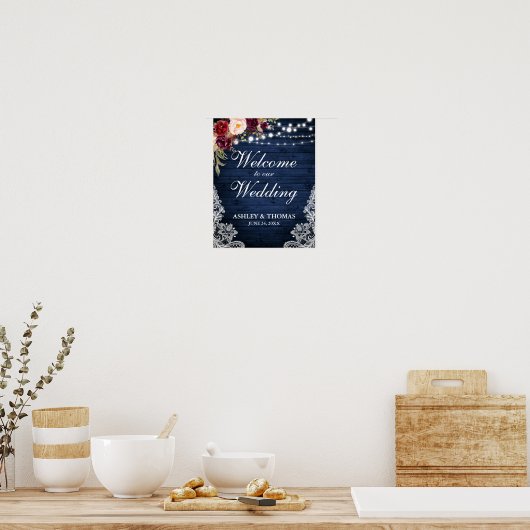 Weddenschap Rustic Blue Wood Lightlace Burgundy Poster (Keuken)