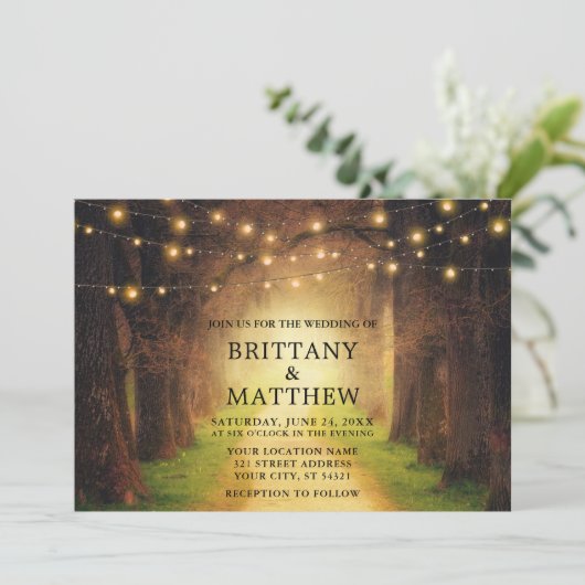 Weddenschap Rustic Forest Path String Lights Kraft Kaart (Staand voorkant)