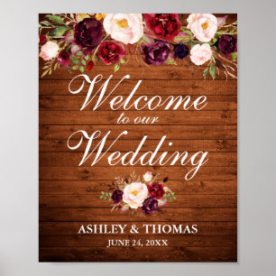 Weddenschap Rustic Wood Burgundy Floral Welkom Poster