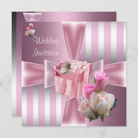 Weddenschap Satin Pink Silver Stripe Bow Kaart (Voorkant / Achterkant)