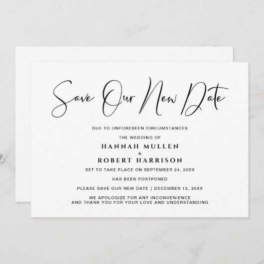 Weddenschap Save Our New Date Postponement Black W Aankondiging (Voorkant / Achterkant)