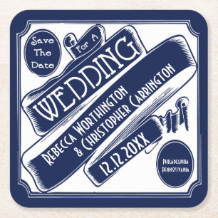 Weddenschap Save the Date  Classic White/Blue Vierkante Kartonnen Onderzetter