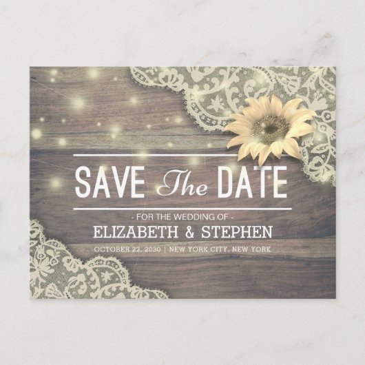Weddenschap Save The Date Lace Sunflower Wood Lich Aankondigingskaart (Voorkant)