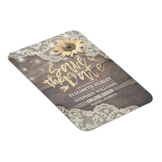 Weddenschap Save The Date Lace Sunflower Wood Lich Magneet (Rechterzijde)