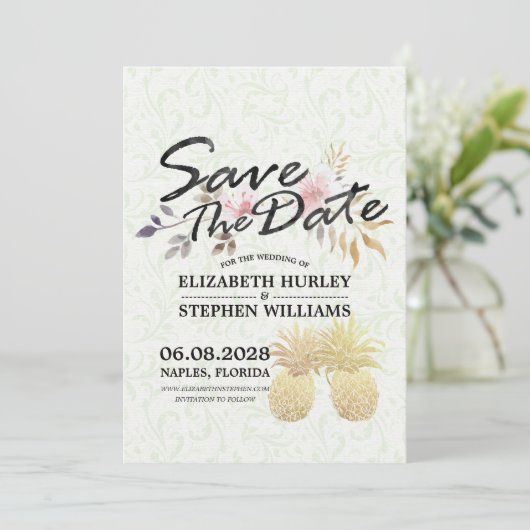 Weddenschap Save the Date Modern Gold Pineapple Co (Staand voorkant)