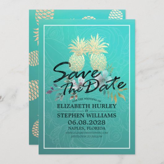 Weddenschap Save the Date Modern Gold Pineapple Co (Voorkant / Achterkant)