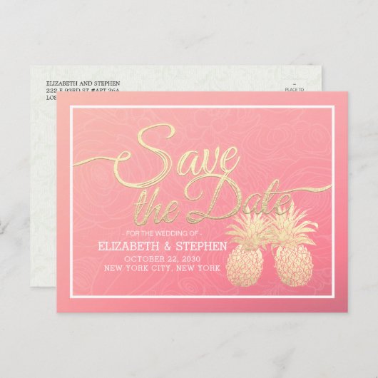 Weddenschap Save the Date Modern Gold Pineapple Co Aankondigingskaart (Voorkant / Achterkant)