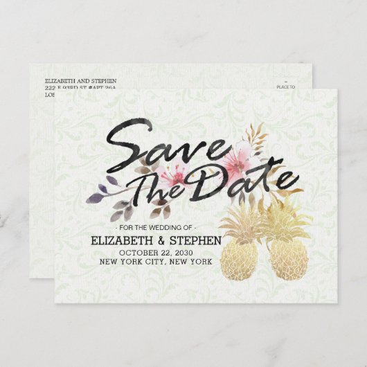 Weddenschap Save the Date Modern Gold Pineapple Co Aankondigingskaart (Voorkant / Achterkant)