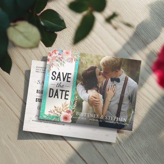 Weddenschap Save The Date Photo Floral Blauwgroen  Aankondigingskaart