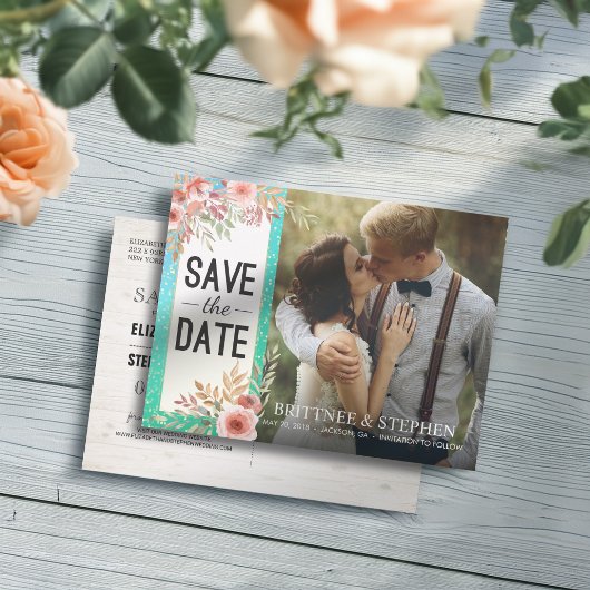 Weddenschap Save The Date Photo Floral Blauwgroen  Aankondigingskaart